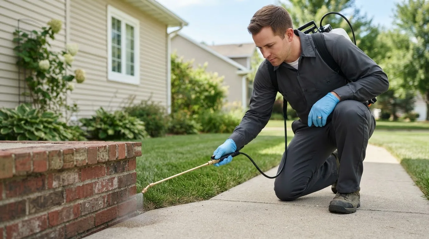Pest control technician treating a home near Brownville, NE