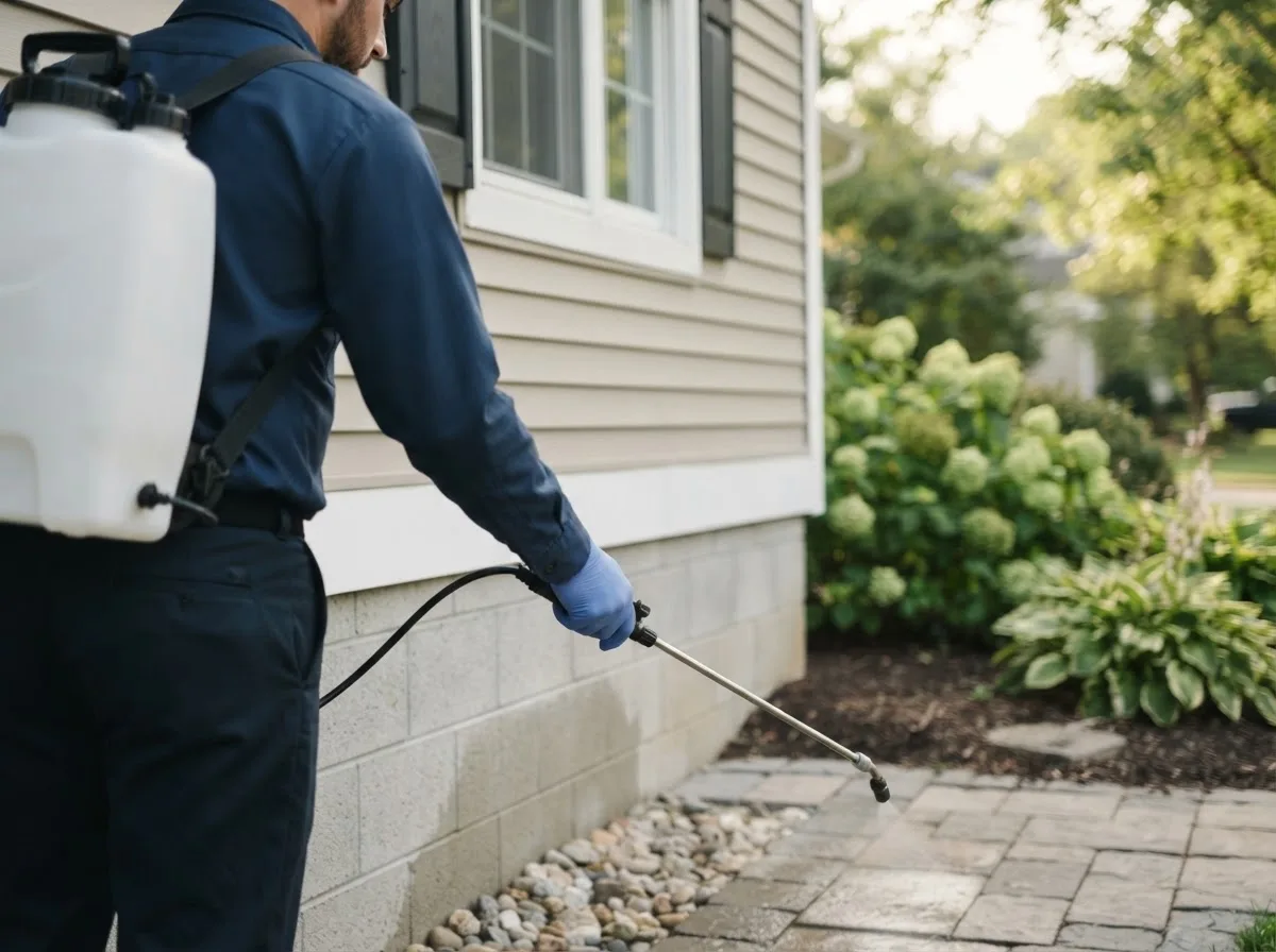 Pest control technician inspecting a home in Brownville, NE